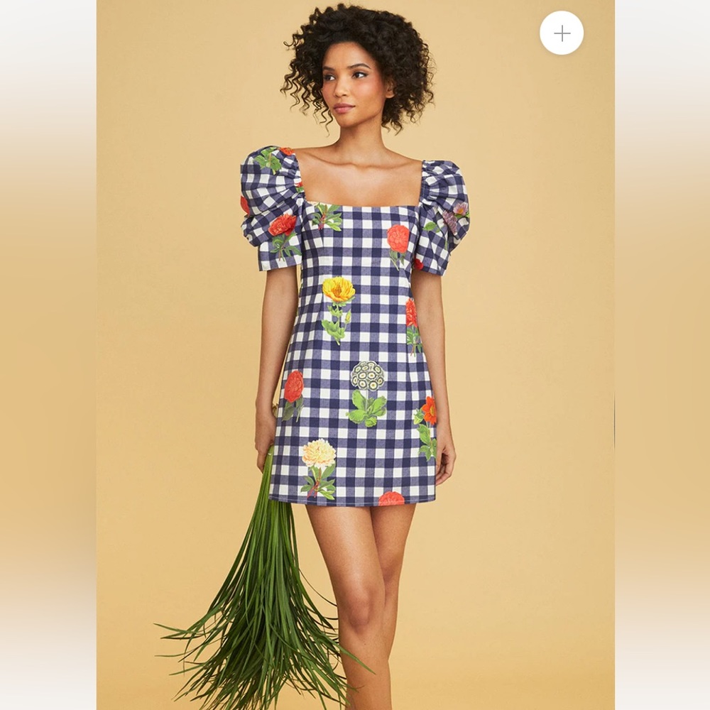 Kelly dress in floral gingham navy, size XS, Cara Cara